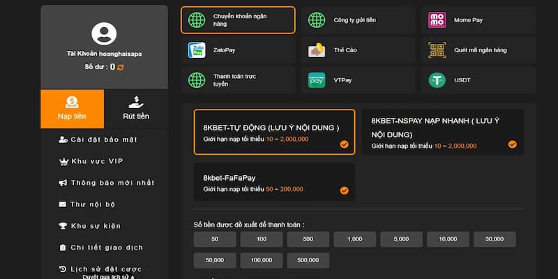 Danh sách các phương thức thêm tiền vào 8KBET
